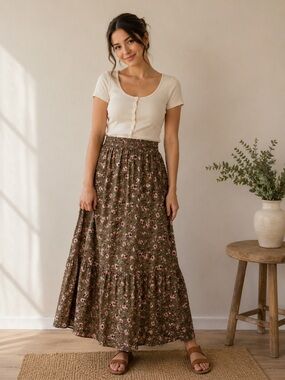 Olive Green Floral Maxi Skirt with Pink Flowers S